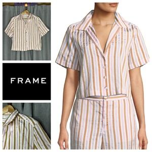 FRAME Short-Sleeve Button-Down Seersucker Striped Crop Shirt XL
